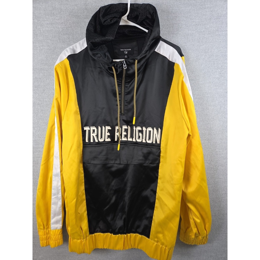 True Religion‎ M Hooded Pullover Jacket Spell Out Logo Gold Black Hip Hop Retro